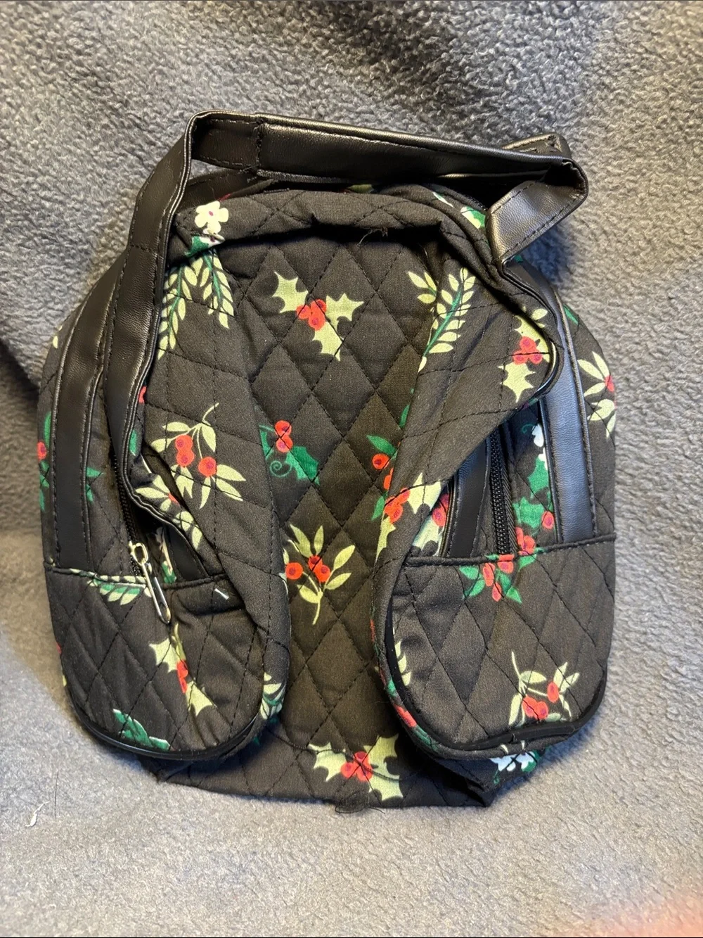 Three piece Black Quilted Cosmetic bag and pouched with Red & Green Berry Print